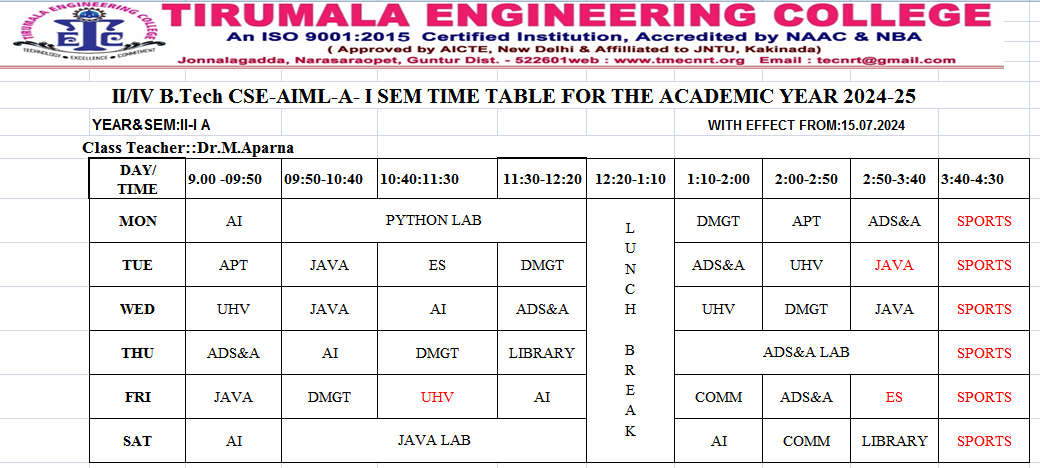 AIML timetable