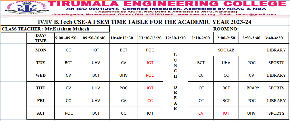 cse timetable